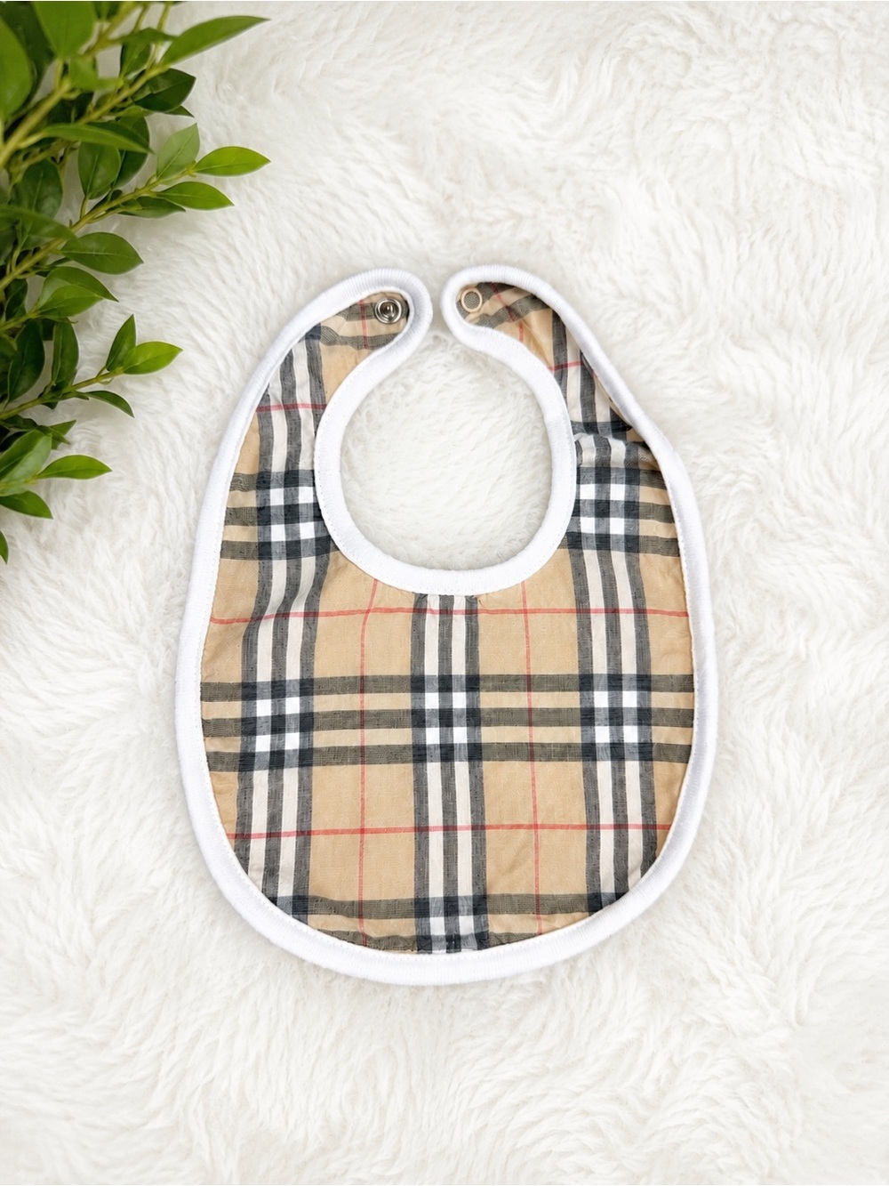 Burberry Baby Bib Size 6 Months Authentic Beige Check Plaid Baby Bib White Trim